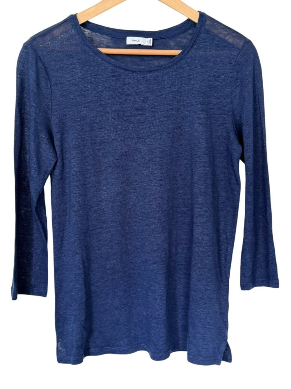 Vince 100% Linen Silk-Trim Slub Knit Crew Neck 3/4 Sleeve Top Navy Blue Size M